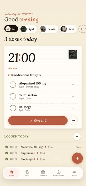 Pawscription's home screen: three doses due at 21:00 for Ryuk, ready to log in a single tap, above the ones already given today.